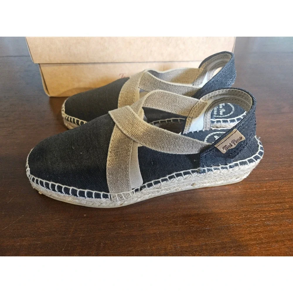 Toni Pons Espadrille Sandal Women 37 US 6/6.5 Black Beige Canvas Wedge Slingback